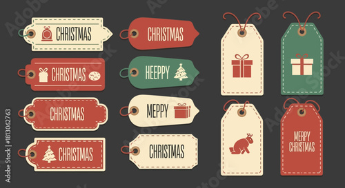 Vintage Christmas Gift Tags and Labels Collection. Festive Holiday Season Design Elements with Retro Rustic Style for Presents & Decoration.