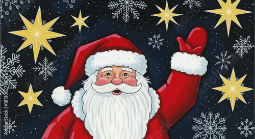Cheerful Santa Claus Waving Hand in Festive Winter Night with Sparkling Snowflakes and Golden Stars - Holiday Illustration