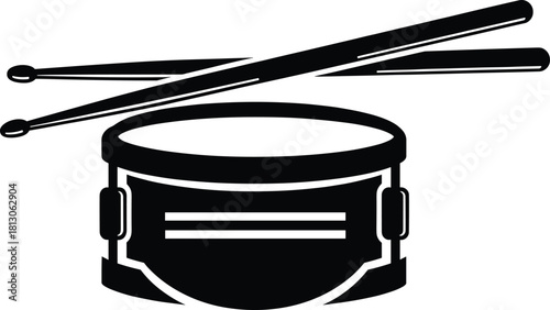 Stylized drum, crossed drumsticks, percussion icon, music rhythm symbol, marching band element, cad drawing flat vector illustration for stock design