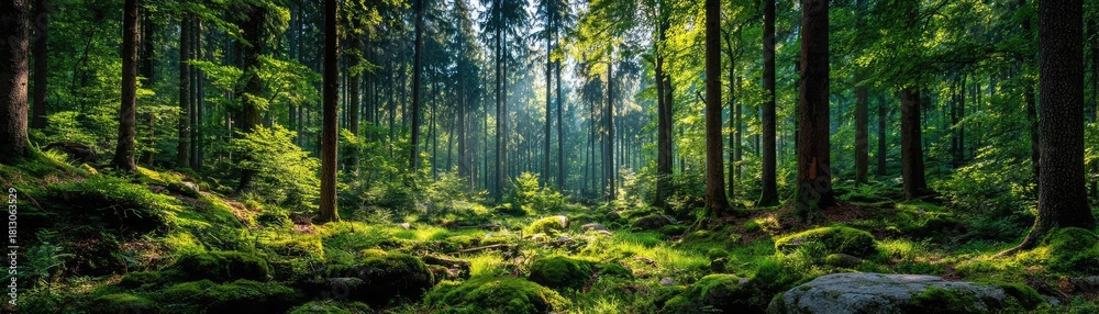 Fototapeta premium Forest managed sustainably with fsc certification concept. Lush green forest with sunlight filtering through the trees.