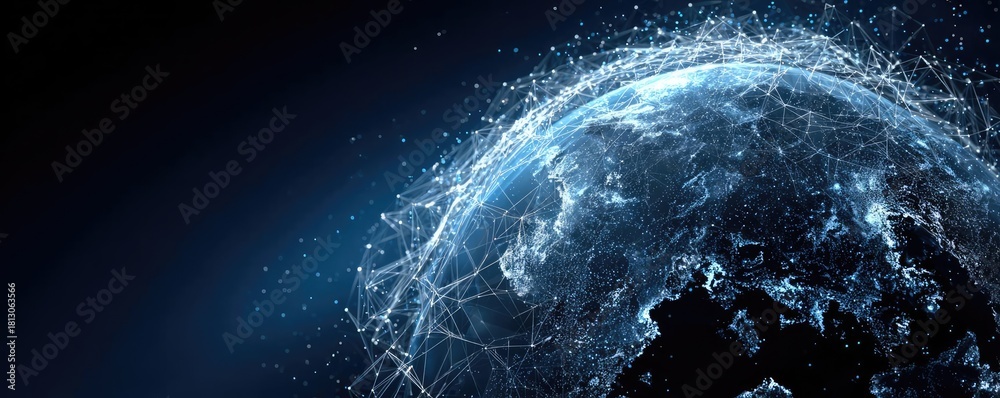 Obraz premium Abstract polygonal earth hologram on dark blue background concept. A digital representation of a connected globe with bright lines.