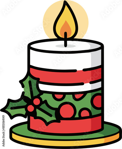 A charming vector illustration of a festive Christmas candle, adorned with holly and lit with a warm glowing flame for holiday celebrations