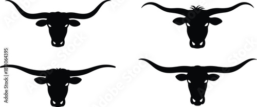 Stylized longhorn cattle head silhouettes with diverse horn shapes for western branding, farm design, cowboy themes, and rustic illustration projects.