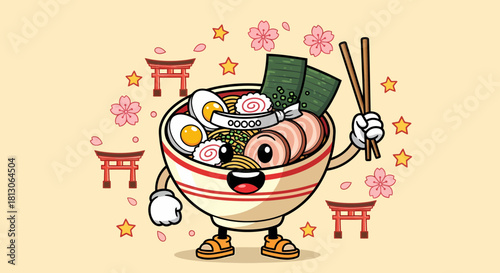 Cheerful ramen bowl character holding chopsticks with delicious ingredients.