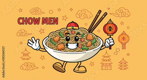 Chow Mein Cartoon Character Holding Lantern and Chopsticks Smiling.