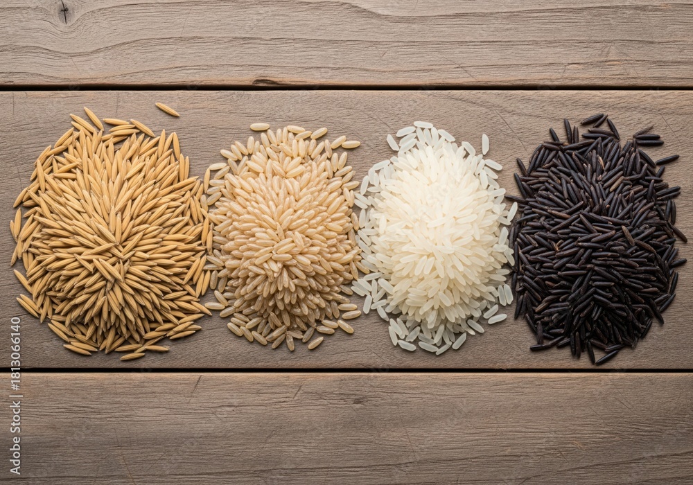 Naklejka premium Four varieties of rice, paddy, brown, white, and black grains on wood table