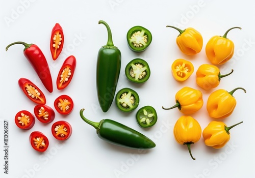 Wallpaper Mural Colorful assortment of red cayenne, green jalapeno, and yellow habanero chili peppers flat lay on white background Torontodigital.ca