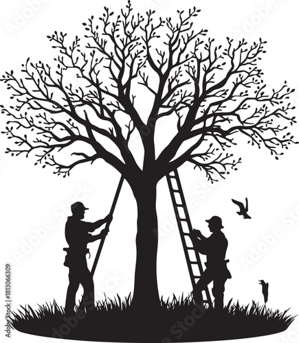 2 person pruning tree branches silhouette