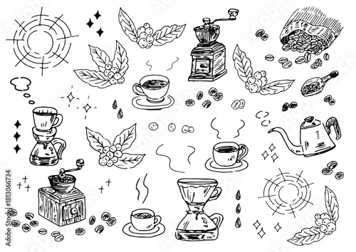 おしゃれなコーヒーイラストセット_モノクロ
