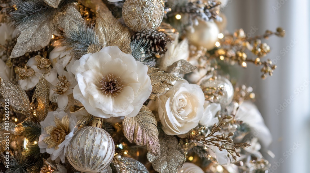 Obraz premium A close-up of a luxurious Christmas decoration with white flowers, gold leaves, and glowing lights.