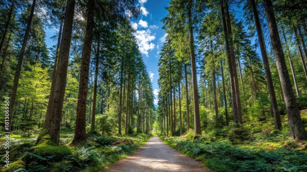 Fototapeta premium Forest managed sustainably with fsc certification concept. A serene forest path surrounded by tall green trees and blue skies.