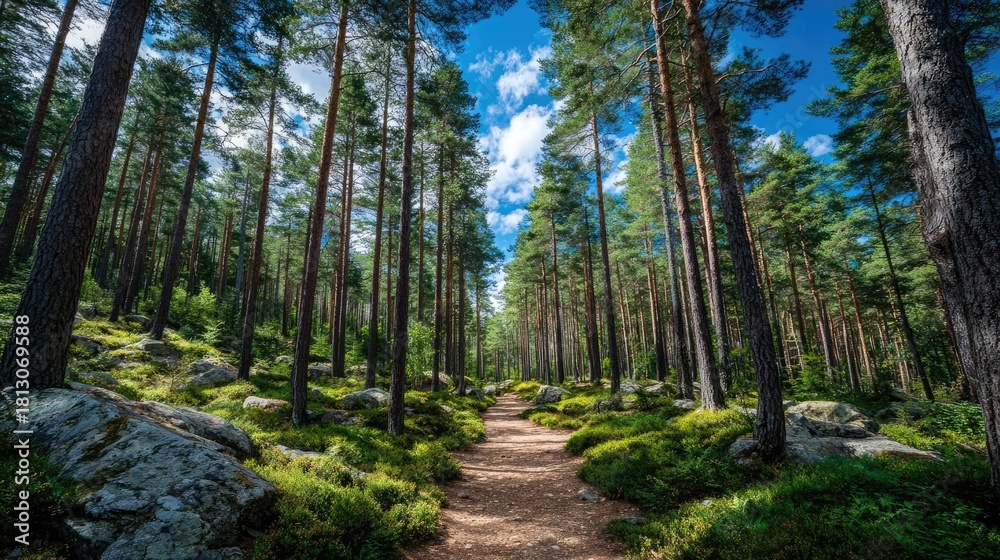 Fototapeta premium Forest managed sustainably with fsc certification concept. A serene forest pathway surrounded by towering pine trees.