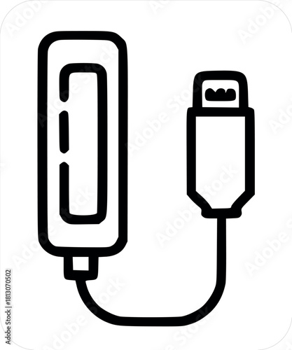 Minimalist outline icon of a portable electronic adapter, featuring a dongle with a USB connector for data transfer and device connectivity