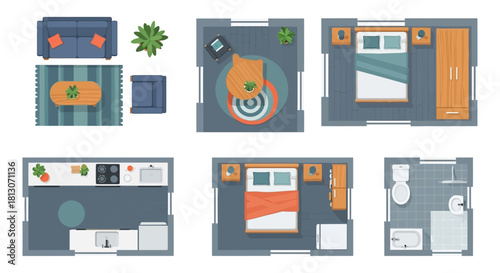 top view floor plans illustrating modern furniture layouts for residential rooms and interior design concepts.