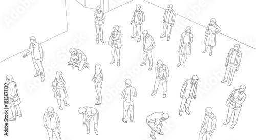 top view people outline line art various human figures standing and bending in a conceptual space useful for architectural design.