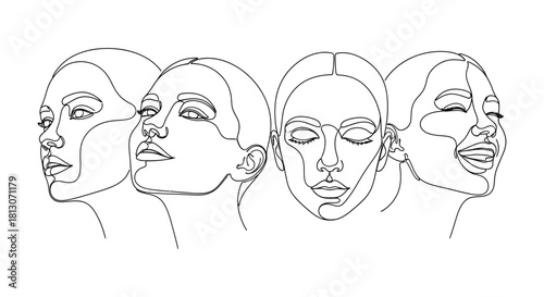 continuous line art of four diverse womens faces illustrating a spectrum of human emotions psychological well-being and female identity.