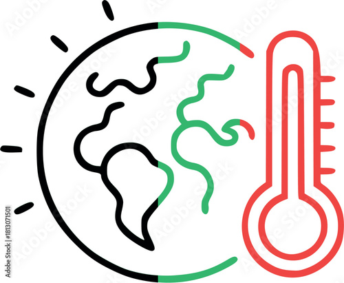 Conceptual graphic illustrating the critical challenge of climate change, featuring a warming Earth and an alarming thermometer indicating global temperature rise and environmental impact