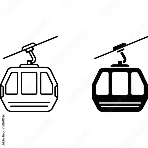 Two cable cars on a white background, one is an outline and the other is solid