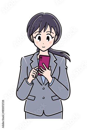 スマートフォンを操作するスーツのOLさん（上半身）