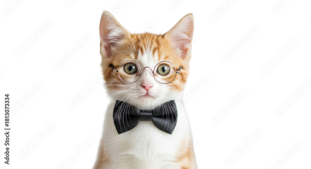 Fototapeta premium Smart ginger kitten wearing glasses and black bowtie, scholarly orange tabby cat portrait, funny intellectual pet on white background
