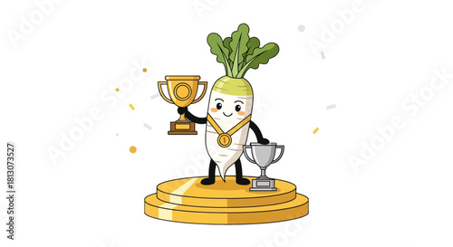 Triumphant Radish Mascot Celebrates Victory with Golden Trophies and Confetti