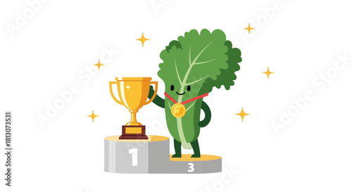 Triumphant Lettuce Cartoon Character Celebrates Victory Holding Golden Trophy on Podium