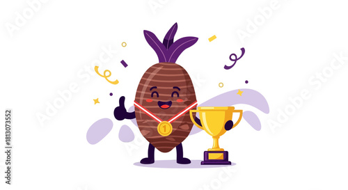 Triumphant Taro Root Character Celebrates Victory, Holding Winner's Golden Trophy