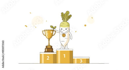 Triumphant Turnip Celebrates Victory, Holding A Golden Trophy And Wearing A 1st Place Medal