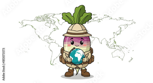 Turnip Adventurer Exploring The World With Globe Displayed With Black Background