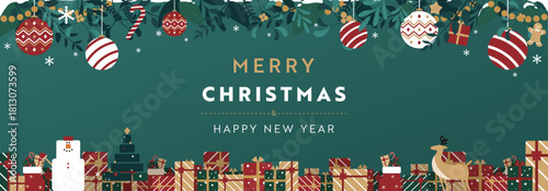クリスマスオーナメントとプレゼントボックスで飾られたクリスマスのバナー背景テンプレート（緑）　Christmas banner background template decorated with Christmas ornaments and gift boxes (green)
