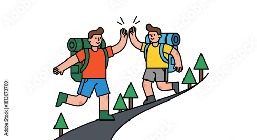 Two Friends Hiking and High Fiving on a Mountain Trail During Their Adventure