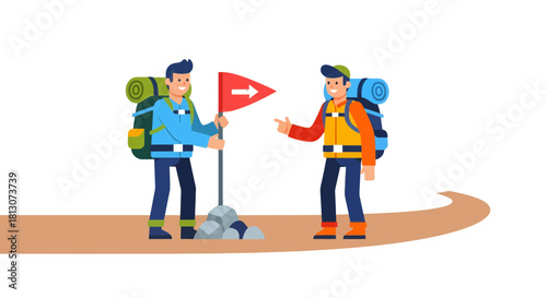 Two Hikers Celebrating Success With a Flag on a Trail Against a Black Background