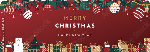 クリスマスオーナメントとプレゼントボックスで飾られたクリスマスのバナー背景テンプレート（赤）　Christmas banner background template decorated with Christmas ornaments and gift boxes (red)
