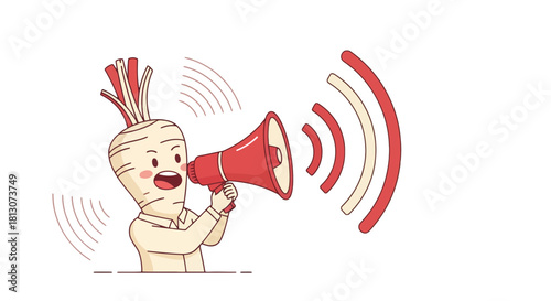 Vegetable Character Announcing Loudly with a Megaphone on a Black Background