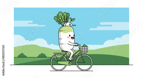 Vegetable Character Breezing On Bicycle Through Green Fields Under Blue Skies