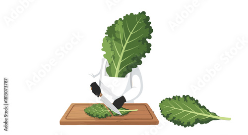 Unique Culinary Illustration Depicts Artistic Chef with Leafy Head Preparing Greens