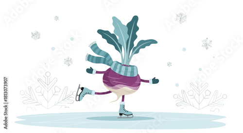 Vegetable Character Skates on Ice In a Winter Wonderland Cartoon Scene