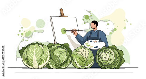Vegetable Artist: A Painter Creating A Cabbage Inspired Artwork with Paint and Canvas