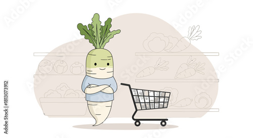 Vegetable Character Shopping In Supermarket With Shopping Cart Creative Illustration