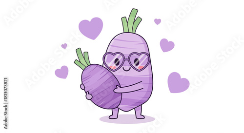Vegetable Love: Adorable Purple Creatures Embrace Hearts Against Black Background