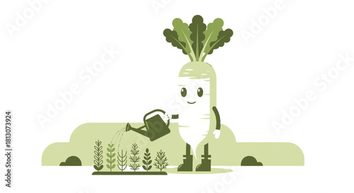 Vegetable Character Watering The Plants In The Garden With Joyful Expressions