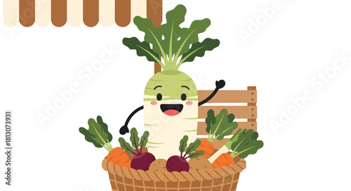 Vegetable Market Stand With A Smiling Radish Presenting Fresh Healthy Produce Display