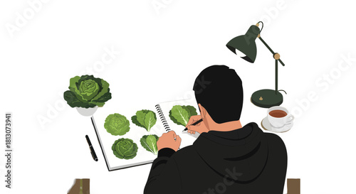 Vegetable Artist Working At His Desk Drawing Plants With Lamp And Coffee