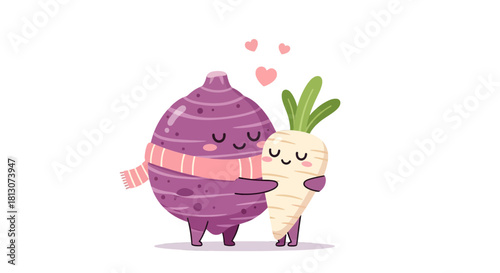 Vegetable Pals Embracing: An Adorable Illustration of Root Vegetables Expressing Affection