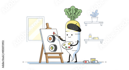 Vegetable Artist Painting Sushi Deliciously Depicted With Paints And An Easel