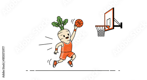 Vegetable Athlete Shooting A Basketball Into The Hoop With Black Background