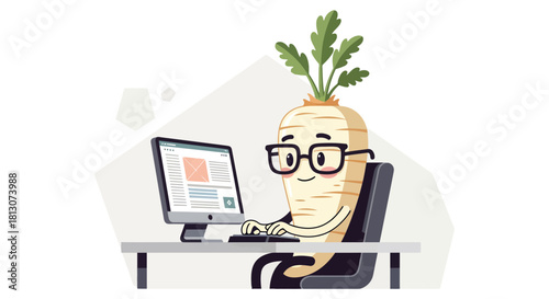 Vegetable Nerd Working Diligently at a Computer Desk in a Minimalist Illustrated Scene