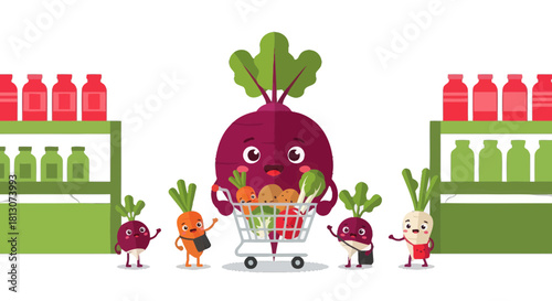 Vegetable Crew Enjoying Shopping Adventure in Animated Supermarket Scene