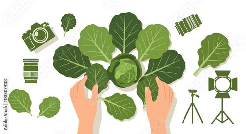 Vegetable Photography Concept: Fresh Green Leaves and Digital Camera for Food Content