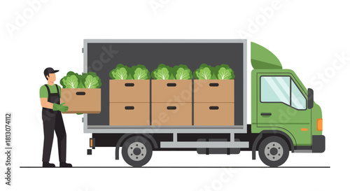Vegetable Delivery: Illustrated Truck Transports Fresh Produce for the Grocery Store